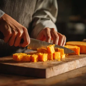 Étape de préparation des brochettes apéritives mimolette-raisin : découpe de la mimolette en cubes réguliers