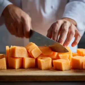 Découpe du melon en dés réguliers pour préparer les brochettes melon-jambon
