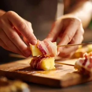 Mains en train d'enrouler une tranche de bacon autour d'un morceau d'ananas pour faire des mini brochettes