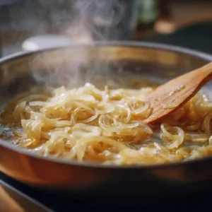 Oignons émincés finement en train de caraméliser dans une poêle avec du beurre pour toasts normands au camembert