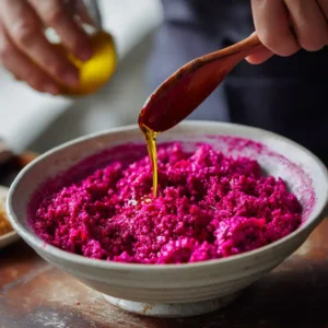 Préparation de la tartinade de betterave rose dans un saladier avec huile de noix