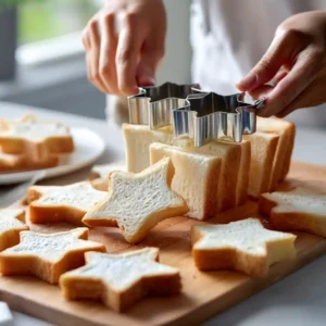 Découpe de formes étoilées dans le pain de mie avec un emporte-pièce pour les toasts de boudin blanc