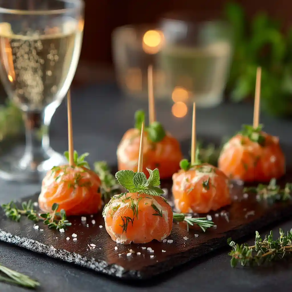 Plateau de sucettes de saumon au fromage servi avec champagne pour apéritif chic