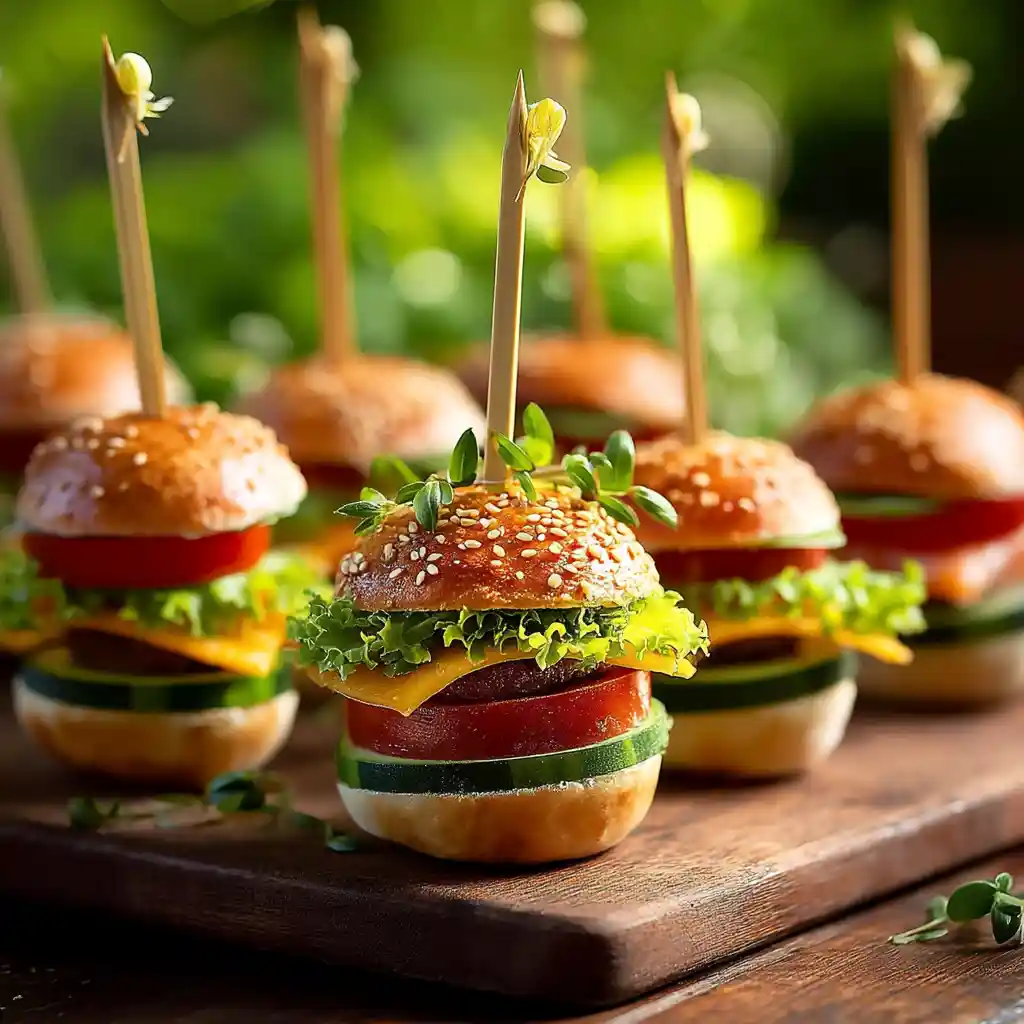Sucettes burgers présentées debout sur plateau d'apéritif, service élégant pour réception