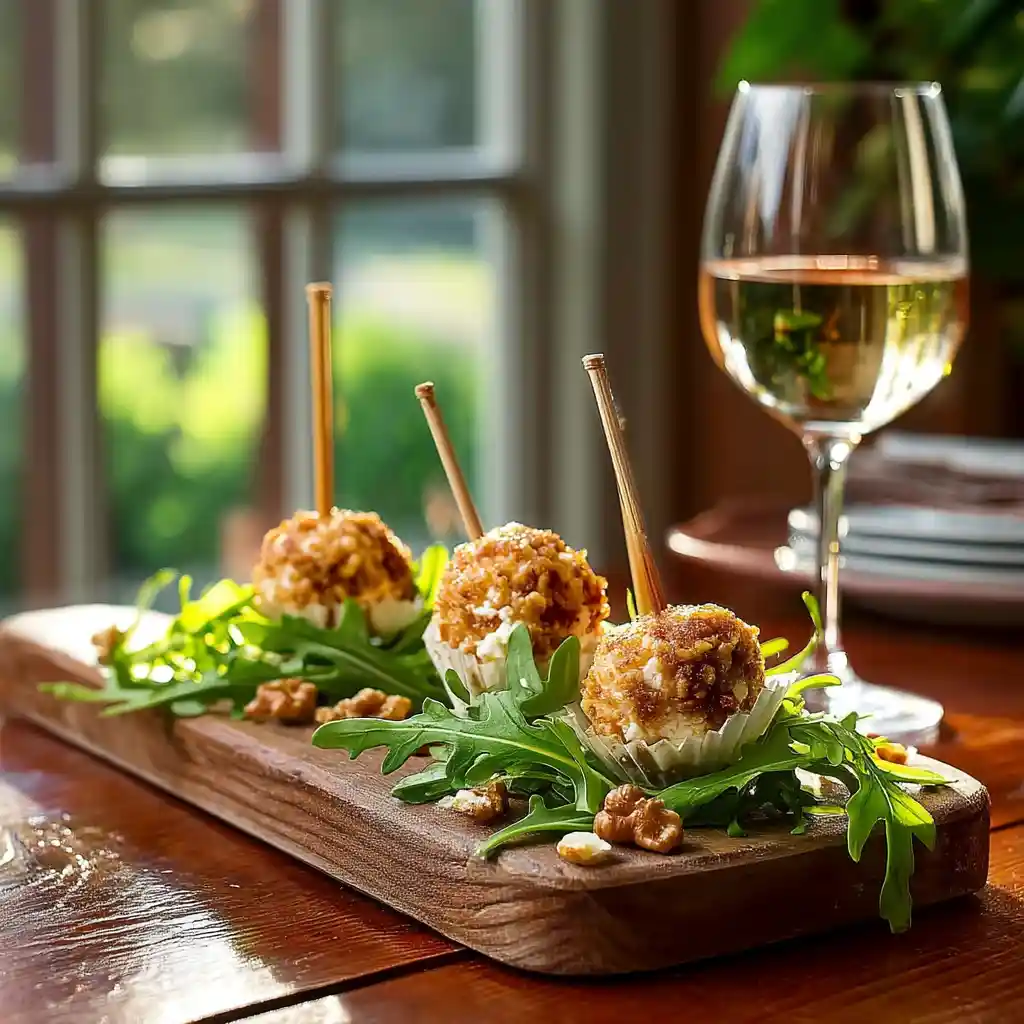 Présentation élégante des sucettes de chèvre aux noix sur planche de service avec roquette et vin blanc