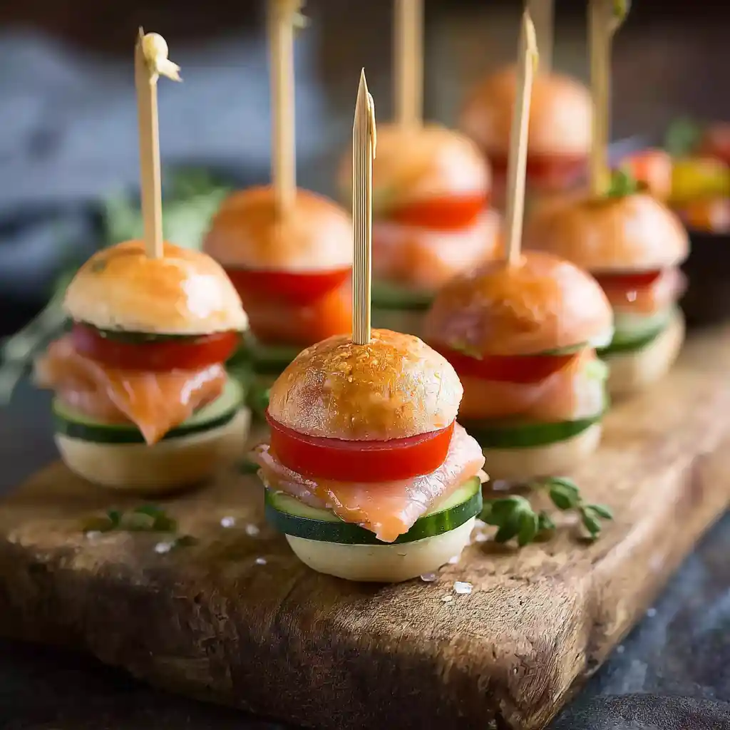 Sucettes burgers au saumon fumé disposées sur un plateau, mini brochettes apéritives élégantes