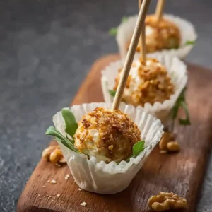 Bouchées apéritives de fromage de chèvre frais et noix concassées présentées sur pics en bois dans des caissettes en papier