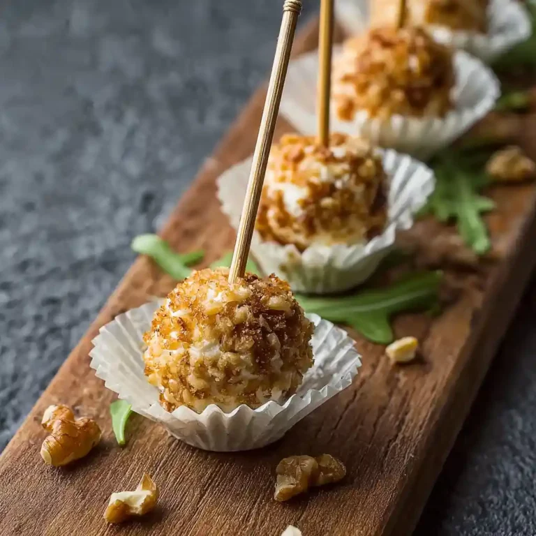 Sucettes de chèvre aux noix disposées sur une planche en bois avec des feuilles de roquette fraîche et des cerneaux de noix en décoration