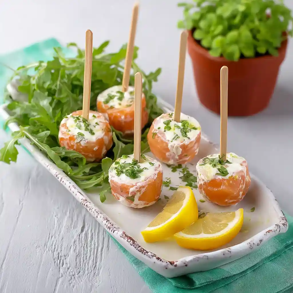 Sucettes de saumon au fromage frais sur assiette avec roquette et citron pour apéritif