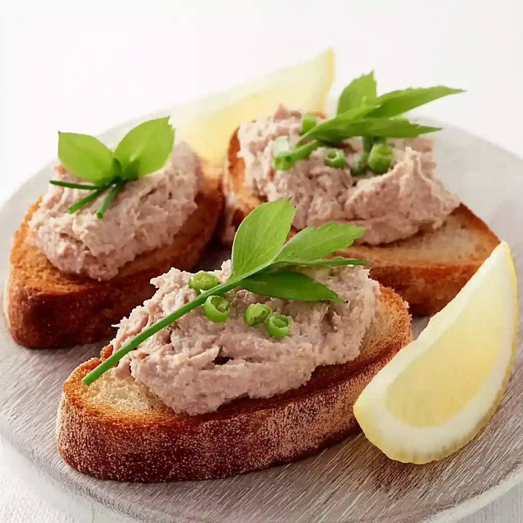 Toasts à la mousse de jambon disposés sur un plateau en bois avec herbes fraîches et citron