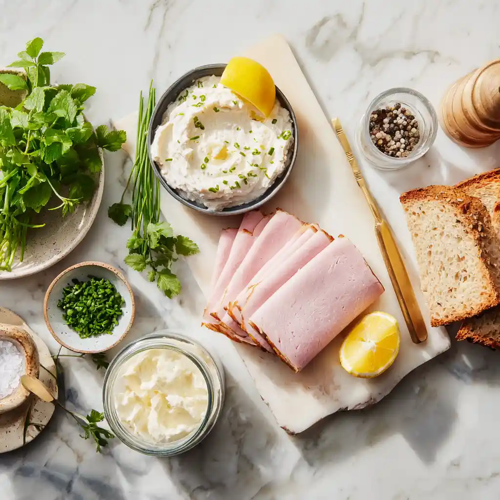 Ingrédients pour faire des toasts à la mousse de jambon disposés sur plan de travail