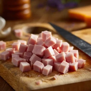 Jambon blanc découpé en cubes pour préparer des toasts à la mousse de jambon