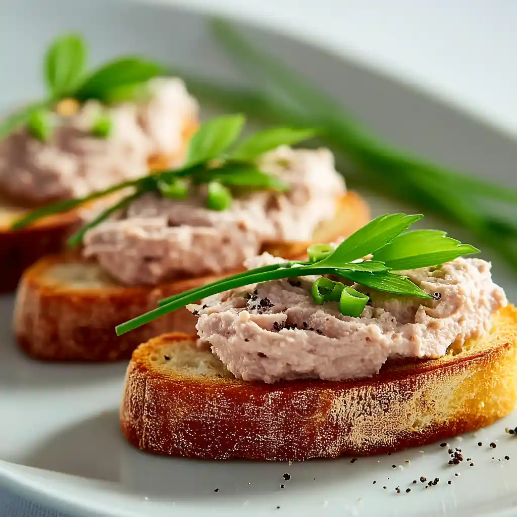 Assiette avec toasts à la mousse de jambon garnis d'herbes fraîches et poivre