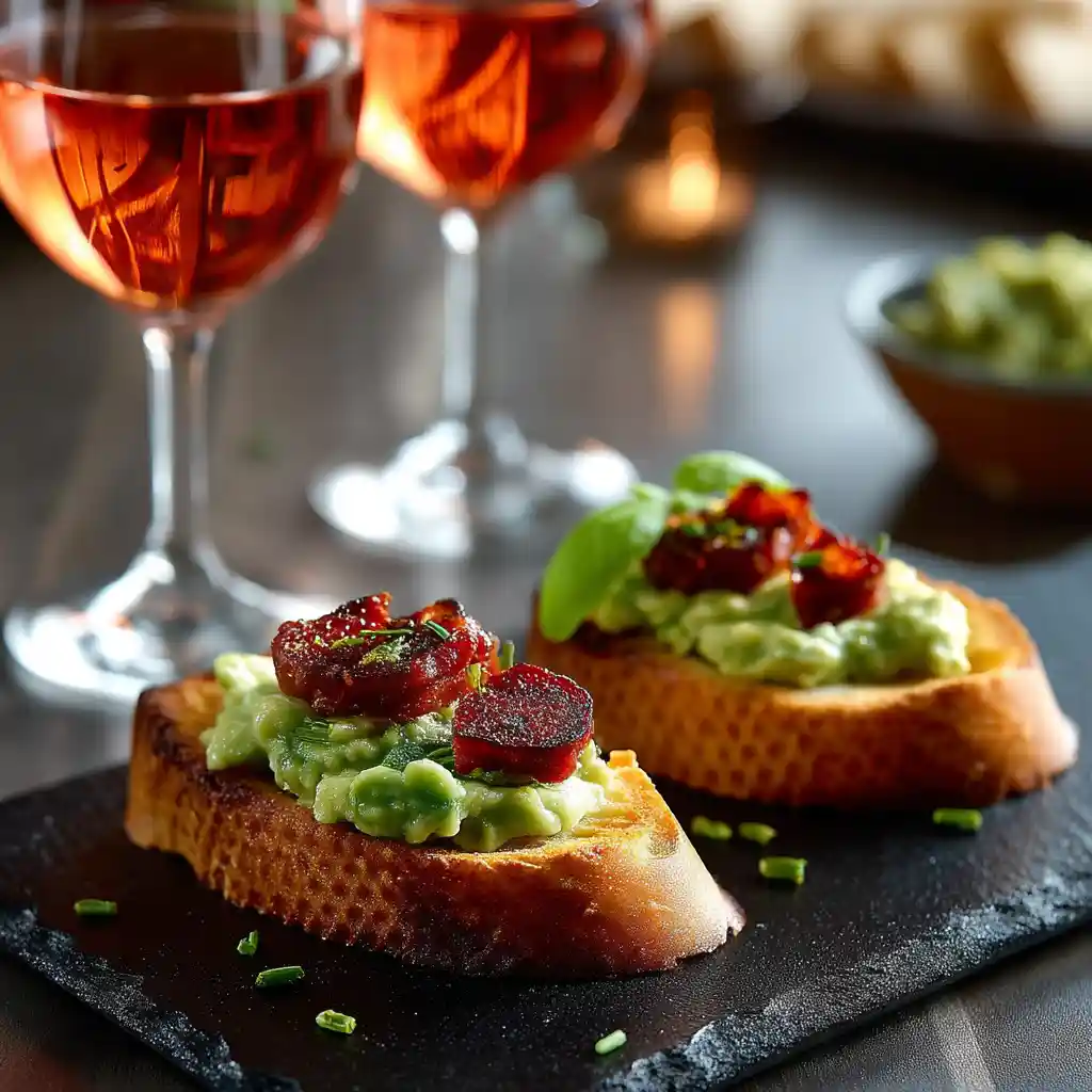 Présentation élégante de toasts apéritifs avocat et chorizo sur ardoise noire avec verres de rosé