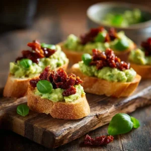Toasts apéritifs avocat et chorizo disposés sur une planche en bois rustique avec basilic frais