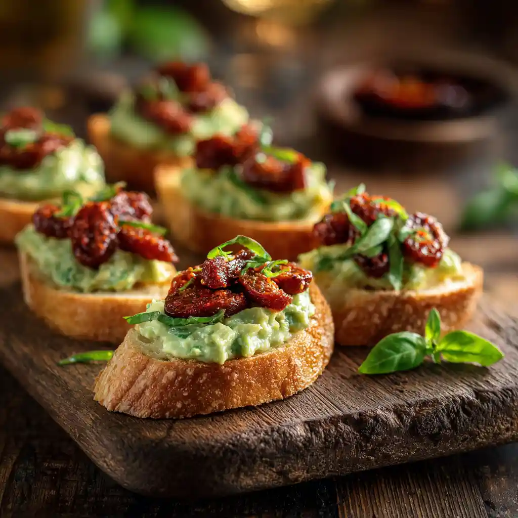 Toasts apéritifs avocat et chorizo disposés sur une planche en bois rustique avec basilic frais