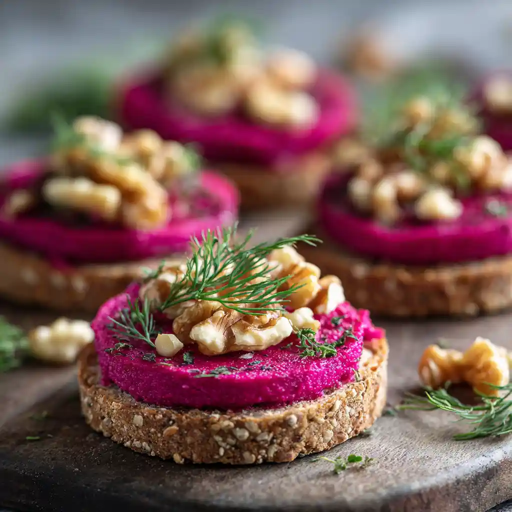 Toasts betterave et noix sur plat noir avec aneth frais et noix concassées
