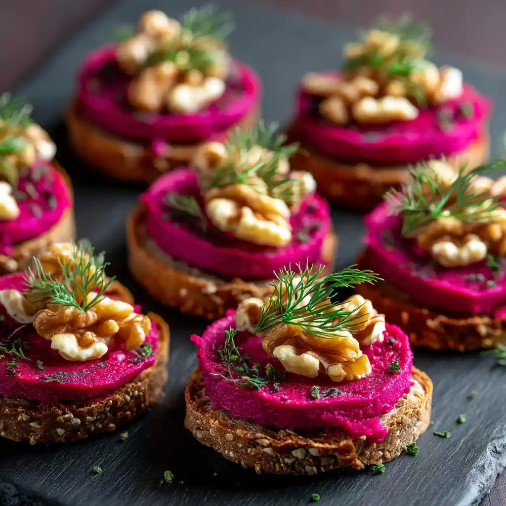 Plateau d'apéritif avec toasts betterave et noix disposés élégamment