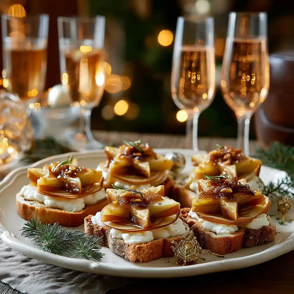 Plateau de toasts de boudin blanc servis chauds pour l'apéritif de Noël