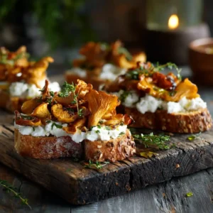 Recette de toasts aux champignons et au chèvre du Chef Benoît Lambert avec chanterelles dorées, fromage de chèvre crémeux sur pain artisanal