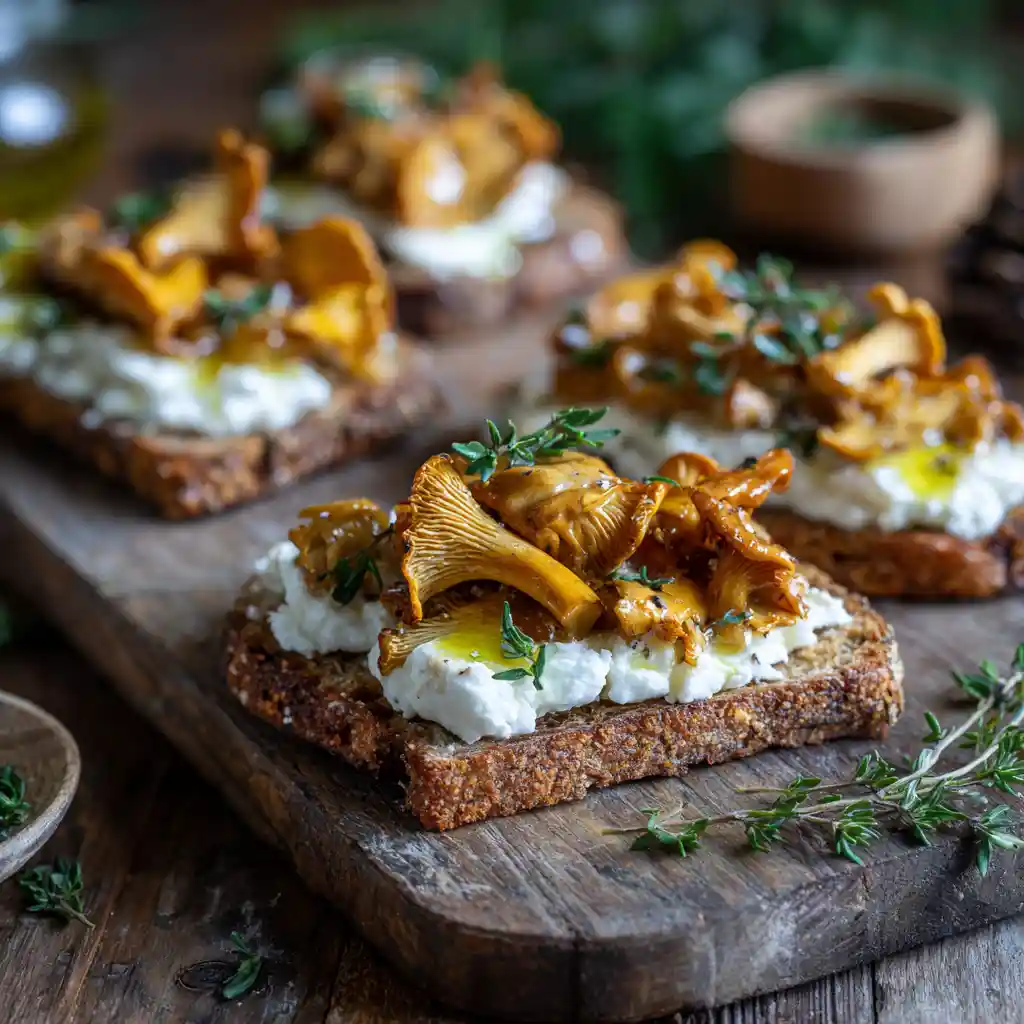 Toasts aux champignons et au chèvre dorés disposés sur une planche en bois rustique, garnis de chanterelles fraîches et herbes aromatiques