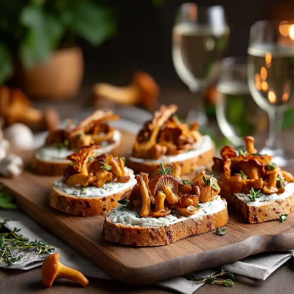 Présentation élégante de toasts aux champignons et au chèvre sur planche de service avec champignons frais et herbes en décoration