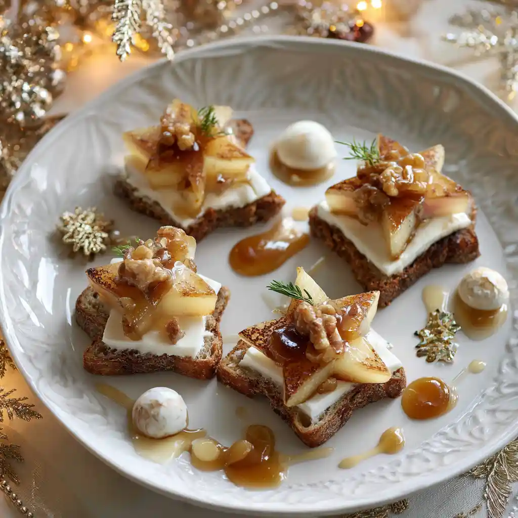Toasts de boudin blanc dorés garnis de pommes caramélisées sur une assiette festive