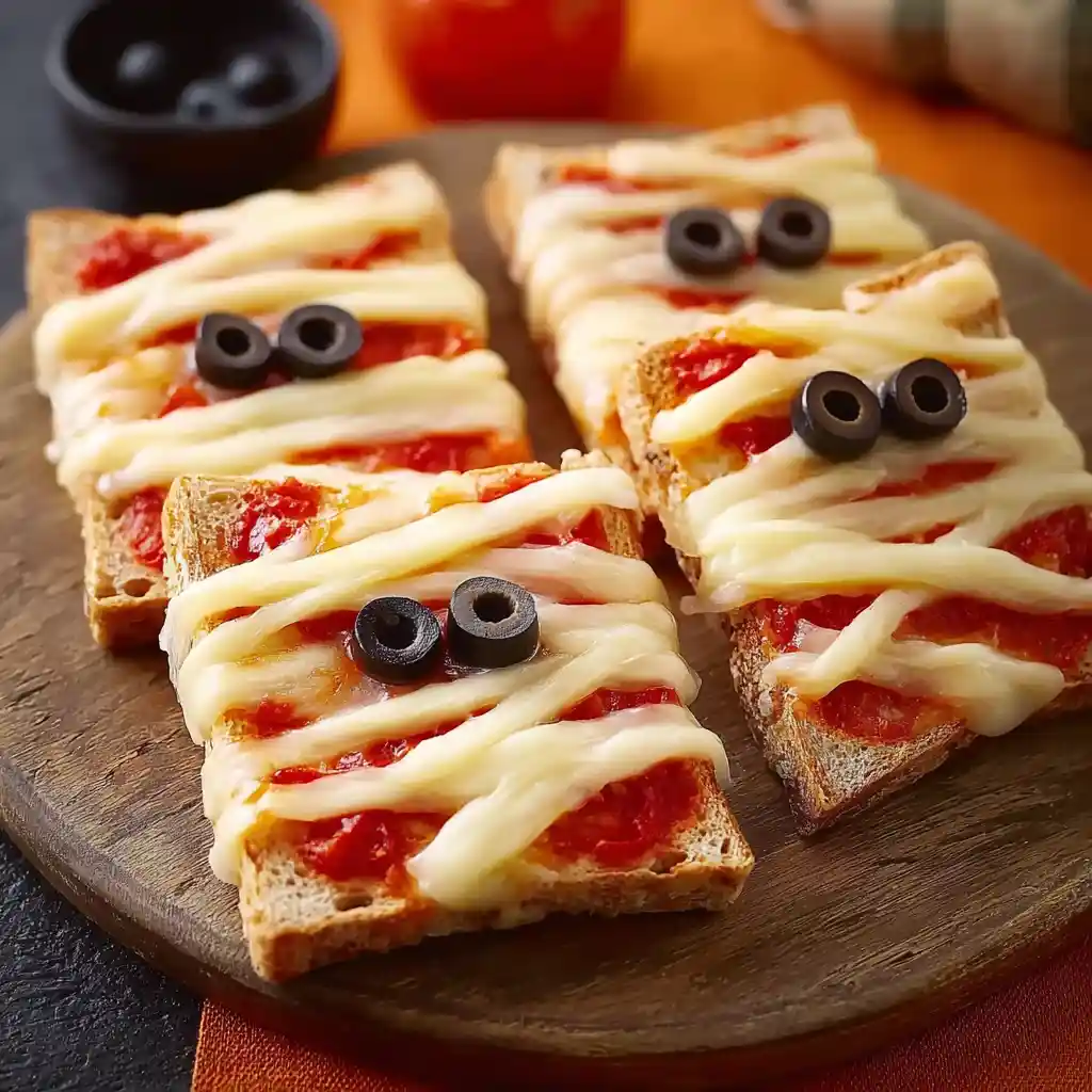 Toasts d'Halloween en fromage momifié avec bandes de gruyère et yeux d'olive sur plaque de cuisson