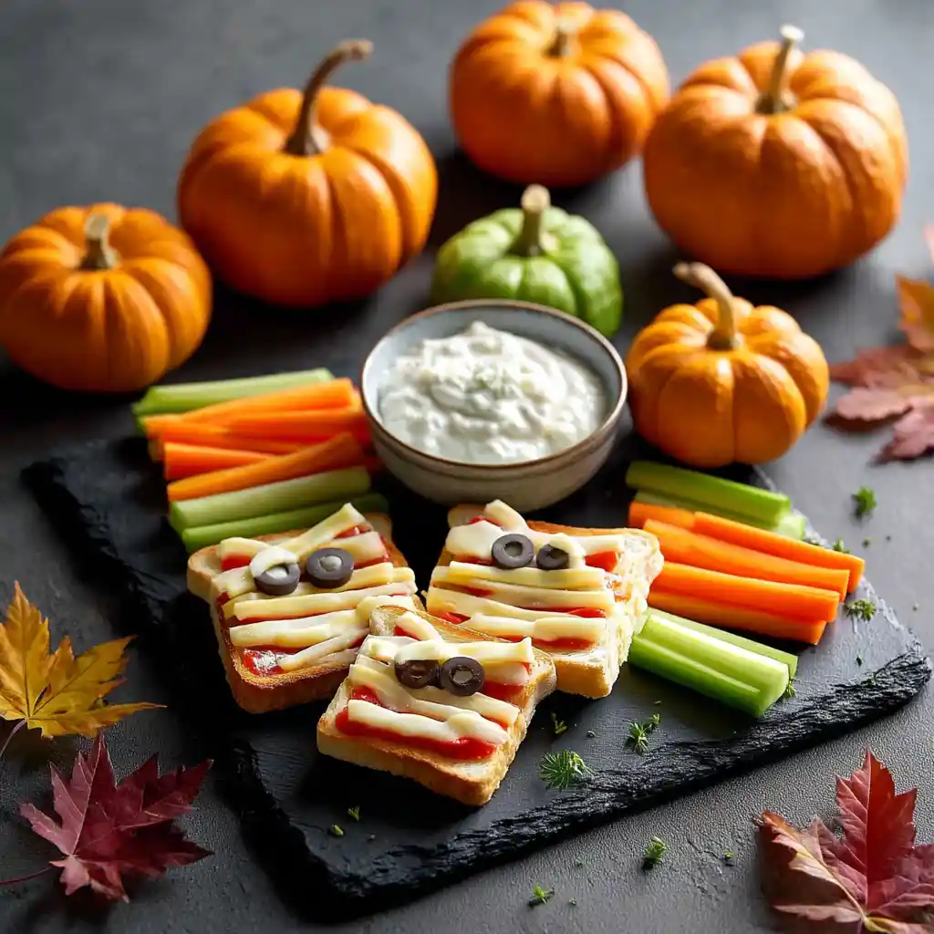 Plateau de toasts d'Halloween momies fromage servis en apéritif avec crudités et décoration automnale