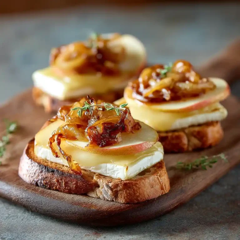 Toasts normands au camembert avec pommes Golden caramélisées et oignons confits sur une plaque de bois rustique