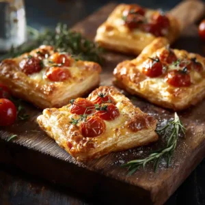 Apéritif feuilleté à la tomate et gruyère sur planche en bois rustique avec herbes de Provence fraîches