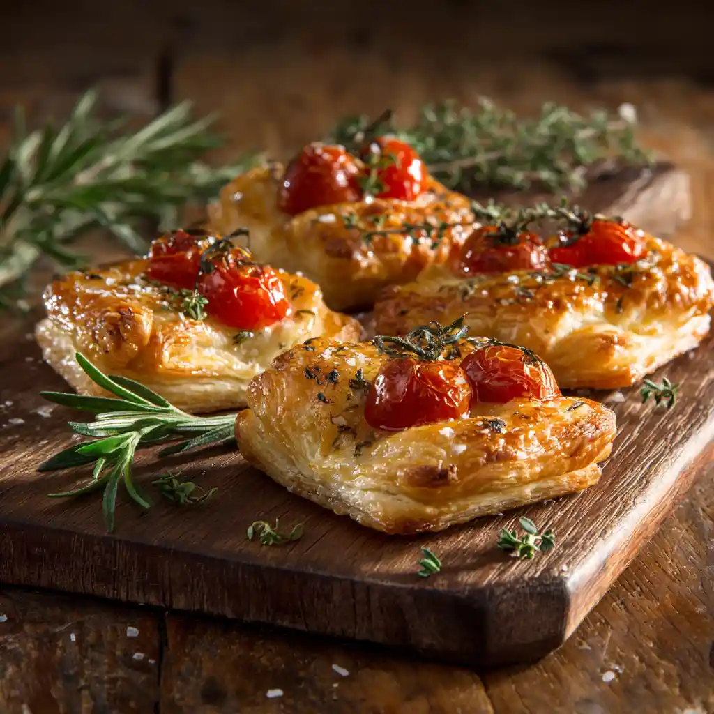 Apéritif feuilleté à la tomate et gruyère sur planche en bois rustique avec herbes de Provence fraîches