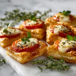 24 bouchées pâte feuilletée croustillantes garnies de sauce tomate et mozzarella fondante