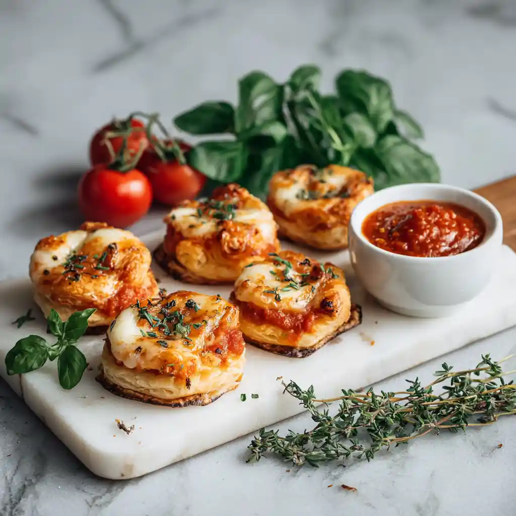 Bouchées pâte feuilletée dorées à la tomate et mozzarella fraîche sortant du four