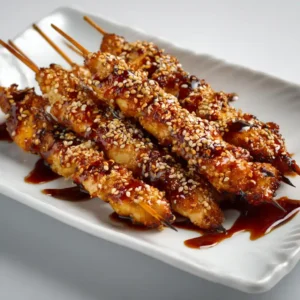 Brochettes de poulet caramélisées au miel et sauce soja, enrobées de graines de sésame dorées