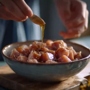 Cubes de poulet marinant dans un mélange de miel, sauce soja et sésame pour brochettes apéritives