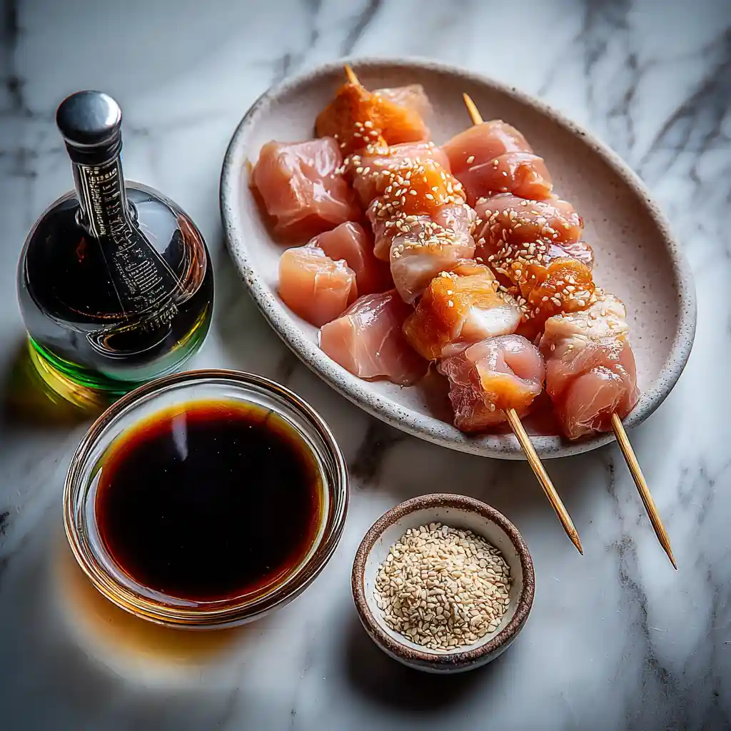 Ingrédients pour brochette de poulet : blanc de poulet, miel, sauce soja, huile de sésame, graines de sésame et vin blanc
