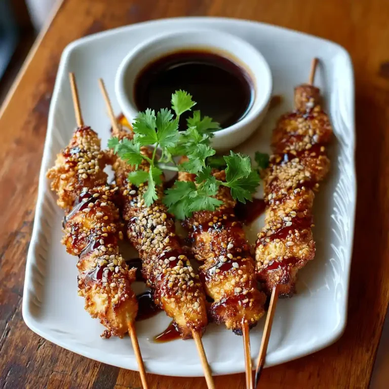 Brochettes de poulet caramélisées au miel et sauce soja, enrobées de graines de sésame dorées, servies sur un plat blanc