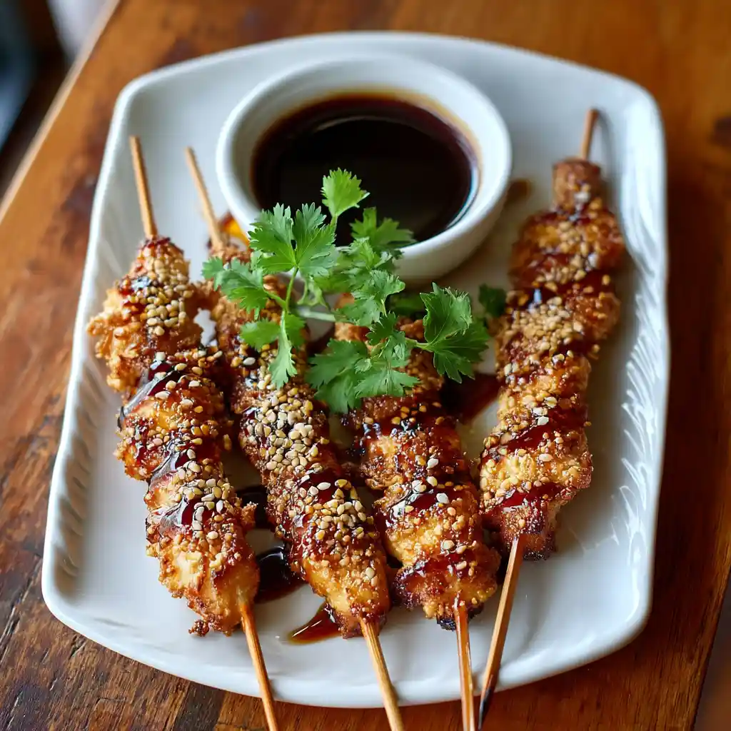 Brochettes de poulet caramélisées au miel et sauce soja, enrobées de graines de sésame dorées, servies sur un plat blanc