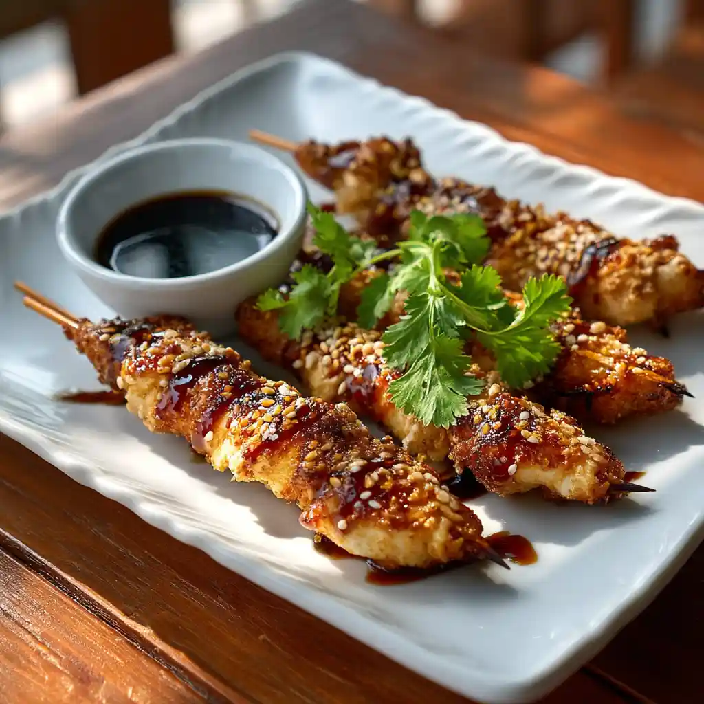 Présentation élégante de brochettes de poulet sur un plateau d'apéritif avec sauce soja et décoration