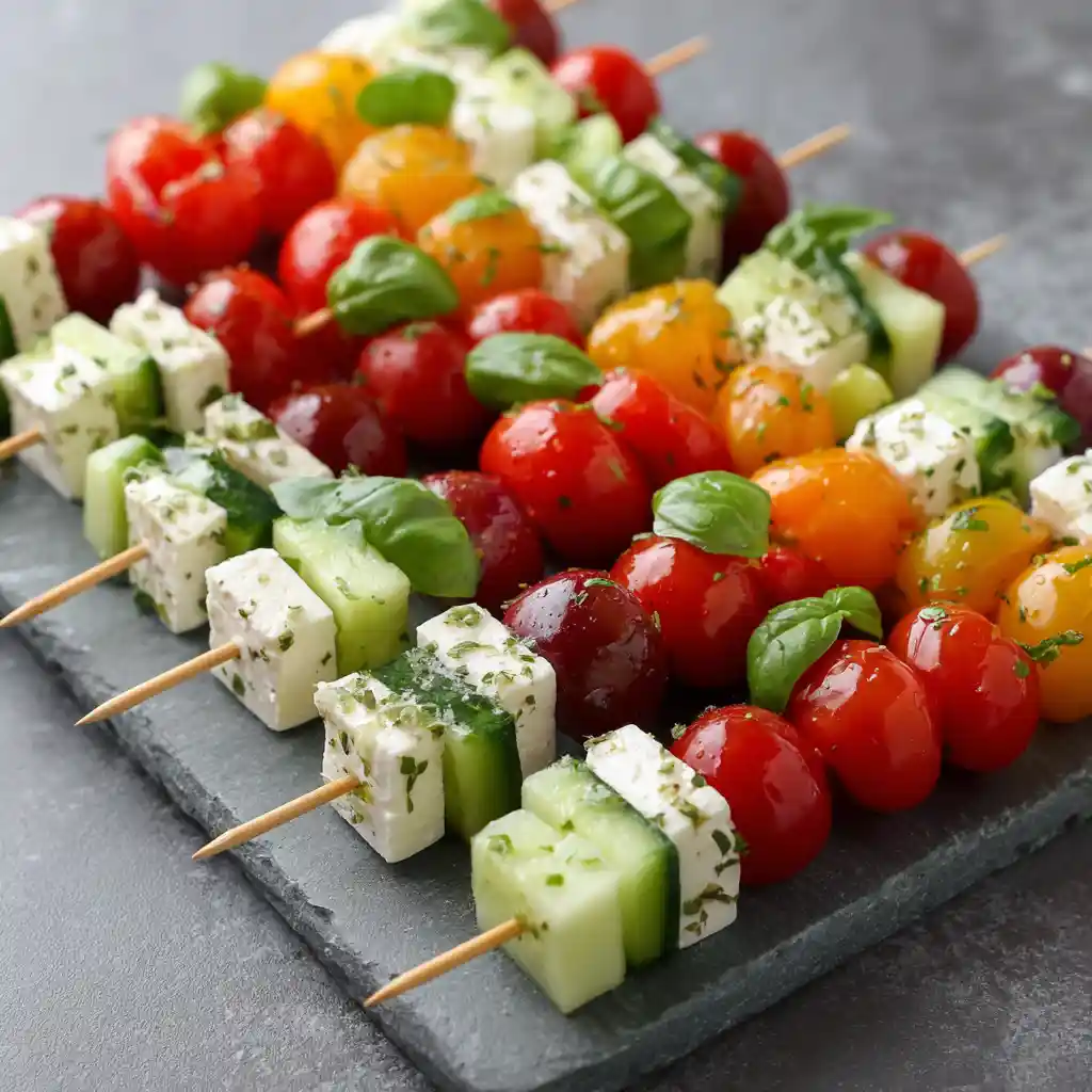 Brochettes apéritives végétariennes colorées tomates cerises concombre feta basilic 20 minutes
