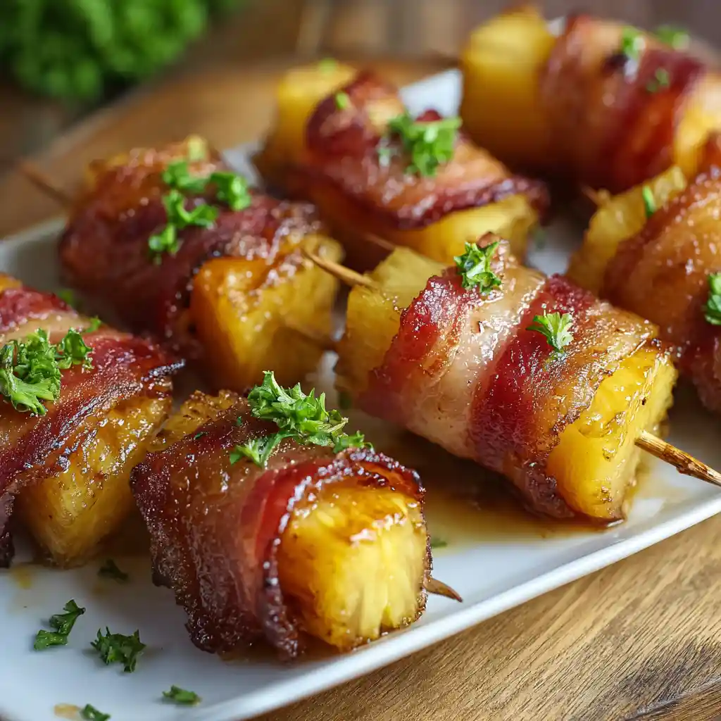 Mini brochettes apéritives ananas bacon dorées caramélisées sortant du four 180 degrés