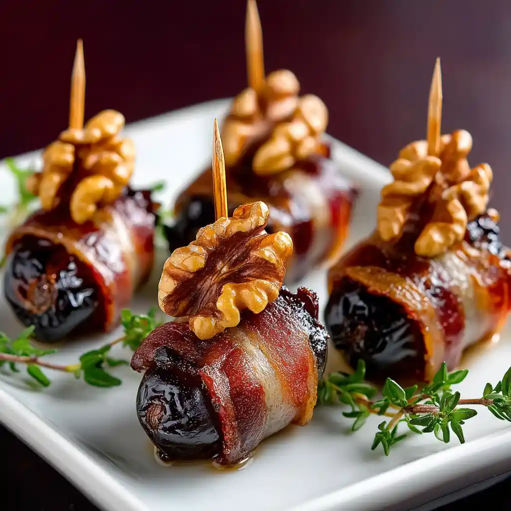 Brochettes apéritives dattes Medjool farcies noix enrobées bacon croustillant doré 20 minutes