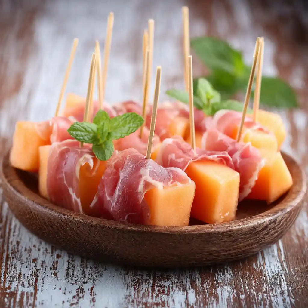Brochettes apéritives classiques melon cantaloup jambon Parme basilic frais 15 minutes