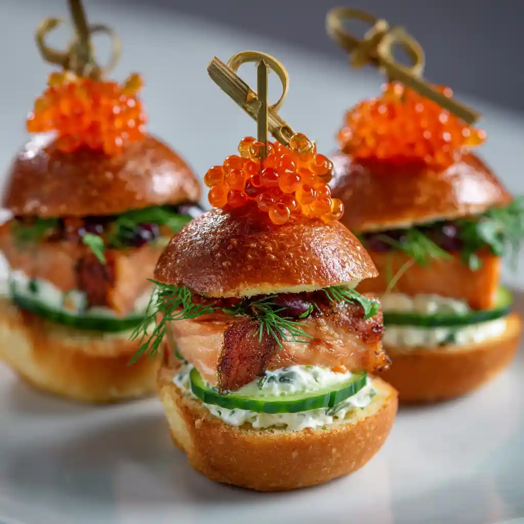 Brochettes apéritives mini burgers saumon fumé fromage aneth œufs poisson fusion 10 minutes