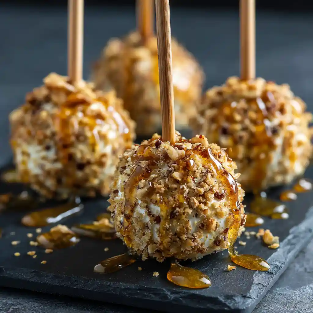 Sucettes brochettes apéritives fromage chèvre roulées noix concassées avec filet miel sur ardoise noire
