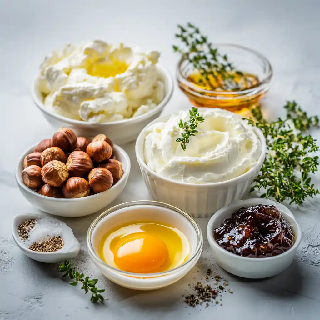Mise en place des 7 ingrédients pour chèvre en feuilleté: pâte brisée, fromage de chèvre, noisettes, figues, œuf