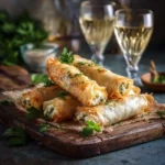 Cigares croustillants au fromage dorés sortis du four, pâte filo croustillante avec emmental fondant, persil frais