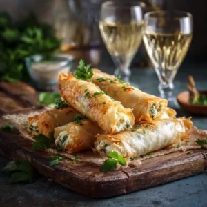 Cigares croustillants au fromage dorés sortis du four, pâte filo croustillante avec emmental fondant, persil frais