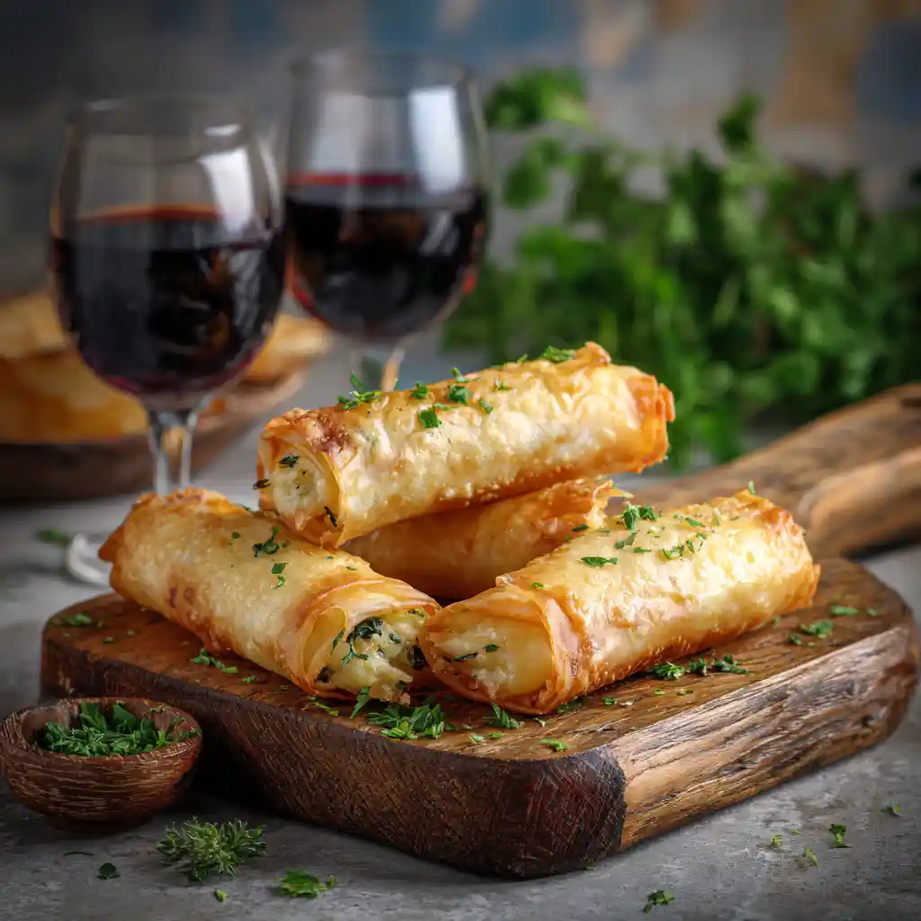 Cigares croustillants au fromage dorés et chauds sortis du four, pâte filo croustillante avec emmental fondant, apéritif français facile